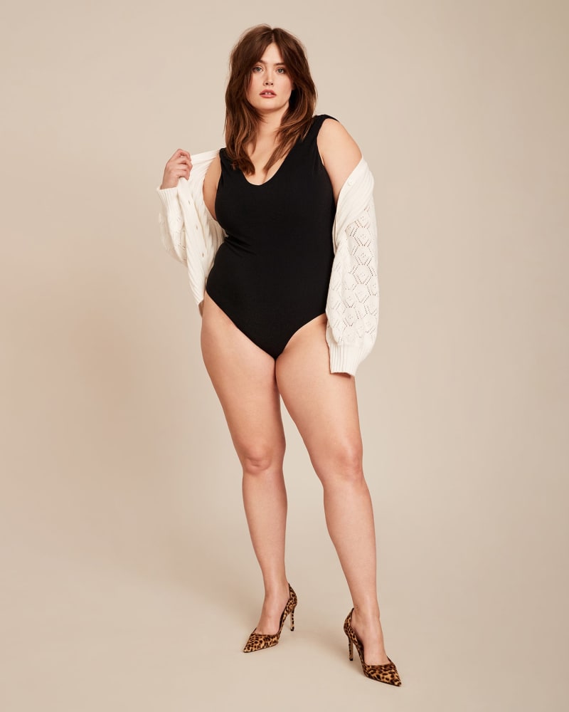 Front of a model wearing a size 16 State Of Mind One Piece in BLACK by Saint Somebody. | dia_product_style_image_id:226448